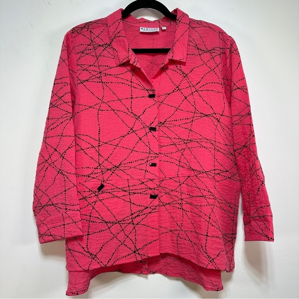 Habitat Lagenlook Pink Abstract Print Tunic Blouse Art to Wear Button Up Top M